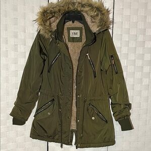 YMI Green Utility Jacket Coat with Faux Fur Hood